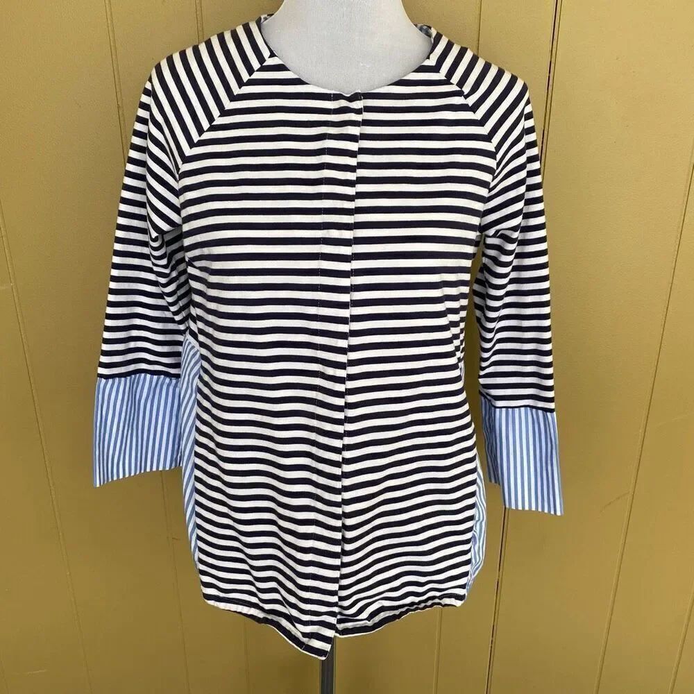 Foxcroft NYC women M snap front stripe shirt jacket w/pocket black white blue